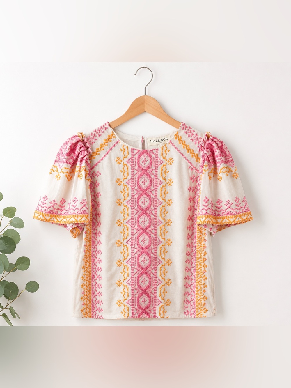 Hale Bob Embroidered Peasant Top – Pink & Orange | Size XS - NWT